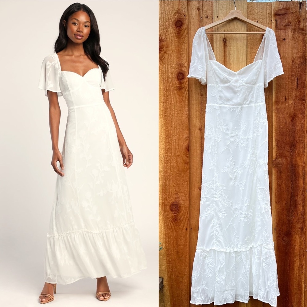 White Floral Flutter-Sleeve Lace-Up Bustier Backless Maxi Dress 🌿